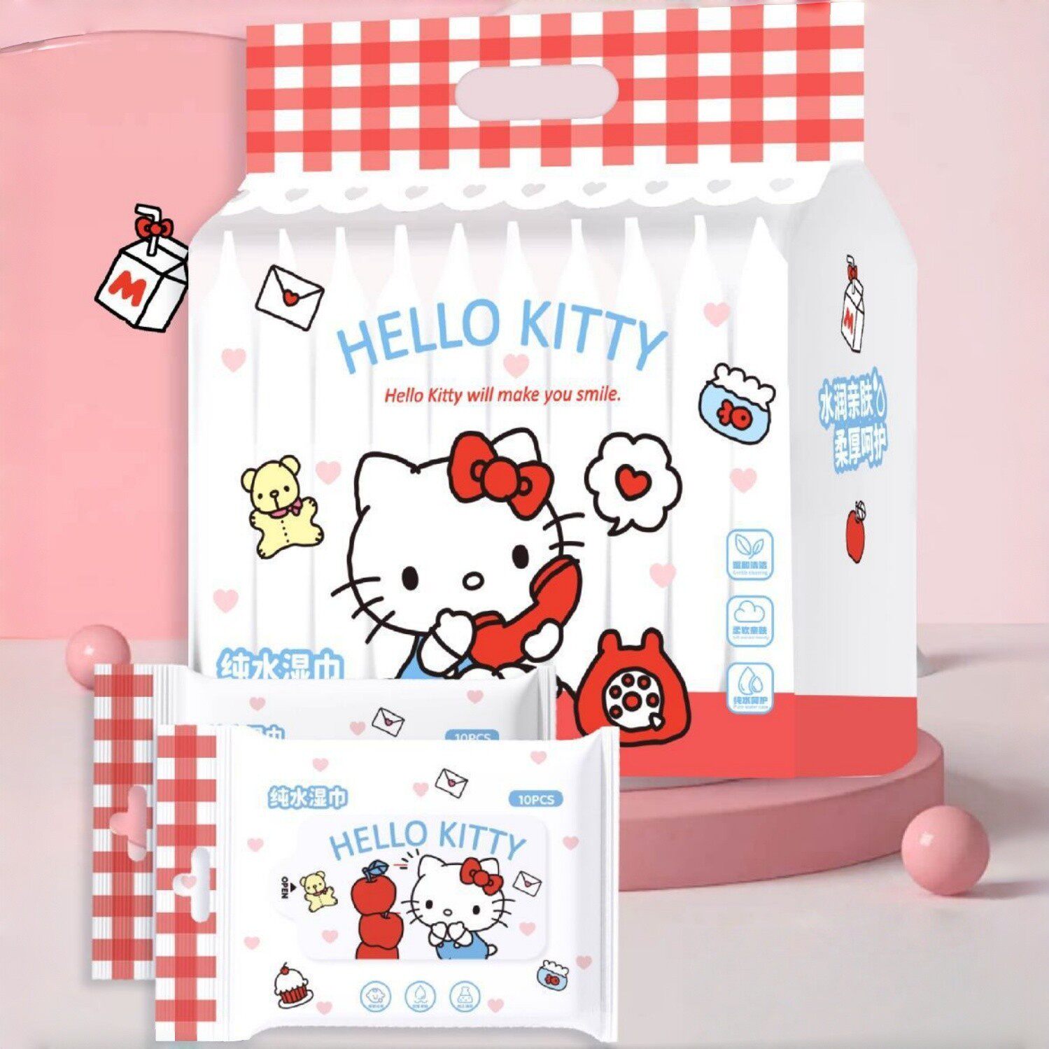 Kitty湿巾户外小包装纯水湿巾10片装小包10连包卡通湿纸巾儿童