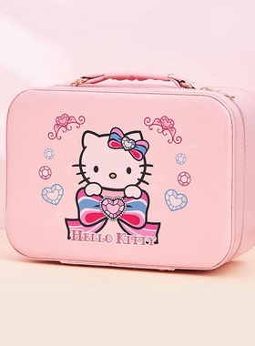 kitty化妆箱女整理凯蒂猫收纳盒PU皮革嗨喽kt手提箱带镜子化妆盒