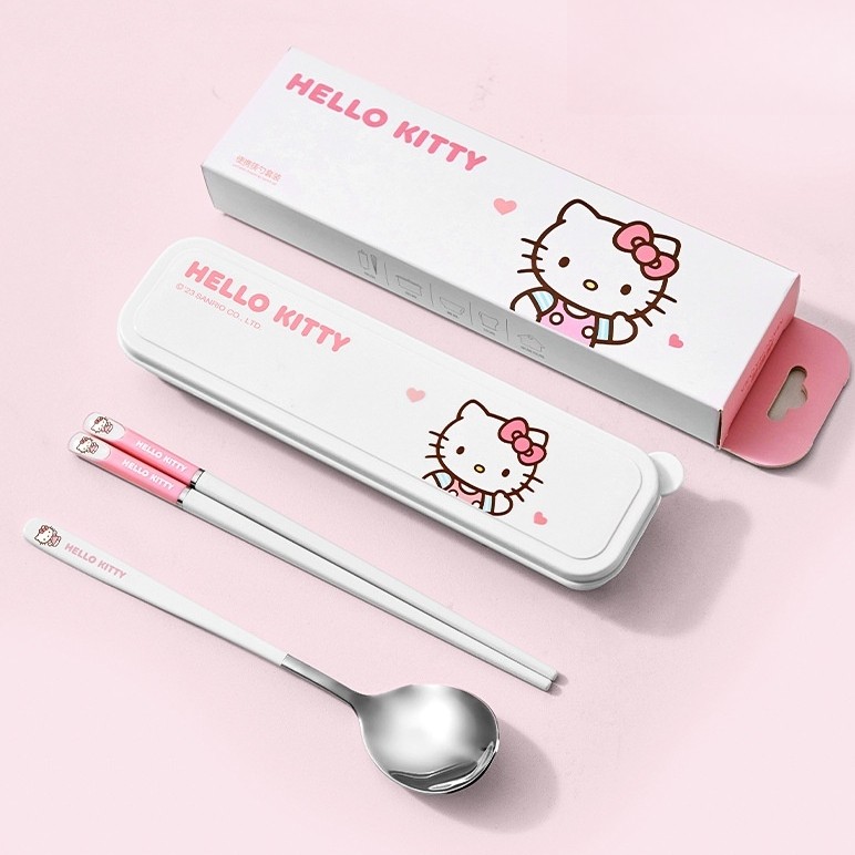 Kitty筷子勺子便携个人专用小学生卡通可爱凯蒂猫收纳盒餐具套装