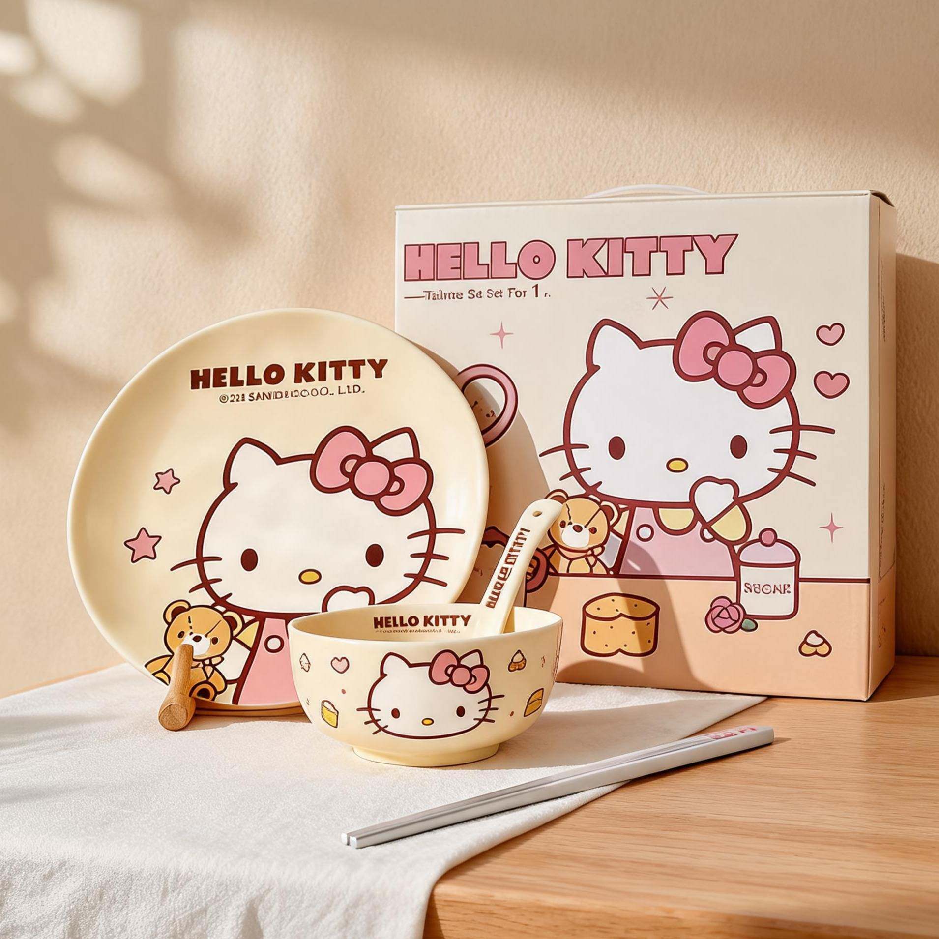 奶油风一人食4件套餐具套装高颜值卡通Kitty碗盘勺筷子儿童礼物