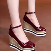 防水台拼色坡跟高跟鞋 厚底漆皮圆头一字带时尚 新款 2026春季 女 单鞋