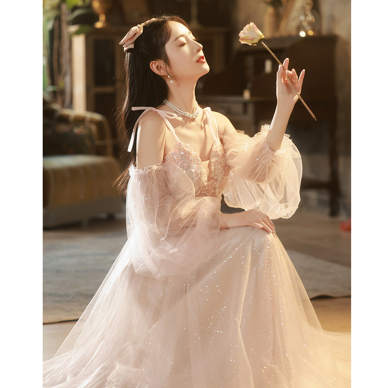 晨袍新娘仙气大码婚纱粉色绝美礼服裙女轻奢小众高端高级感成人礼