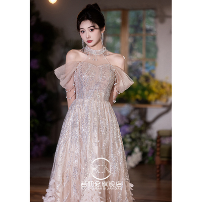 挂脖晚礼服裙主持成人礼订婚婚纱