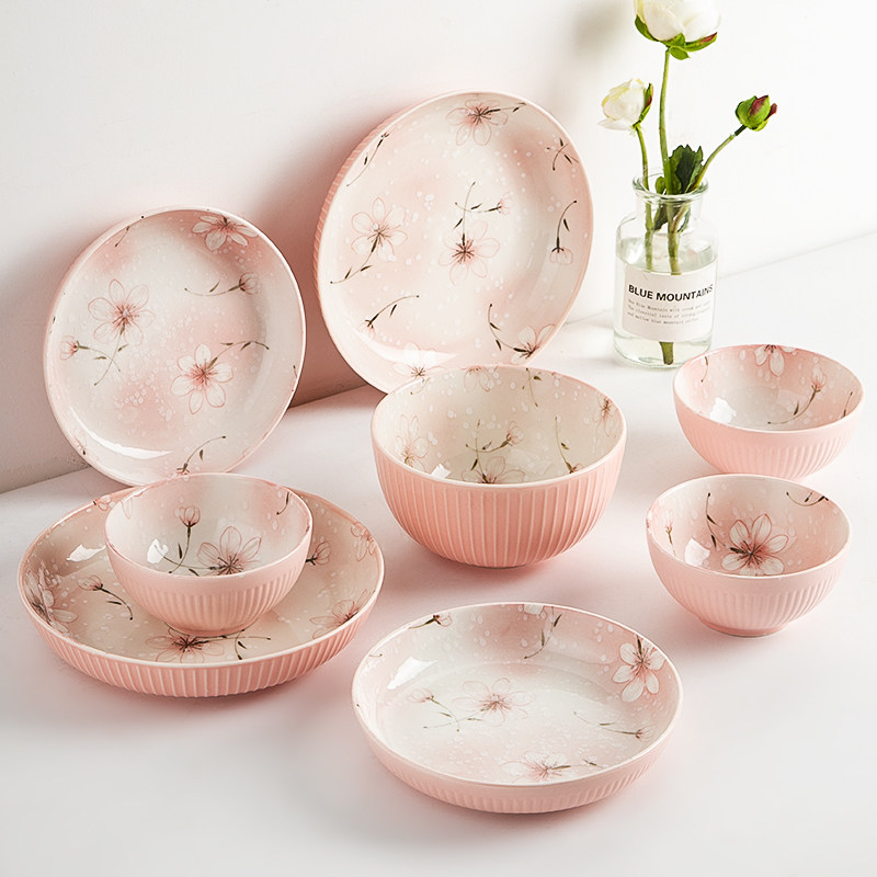 粉墨居舍日式釉下彩碗碟套装家用吃饭碗盘套装创意陶瓷碗餐具雪梅