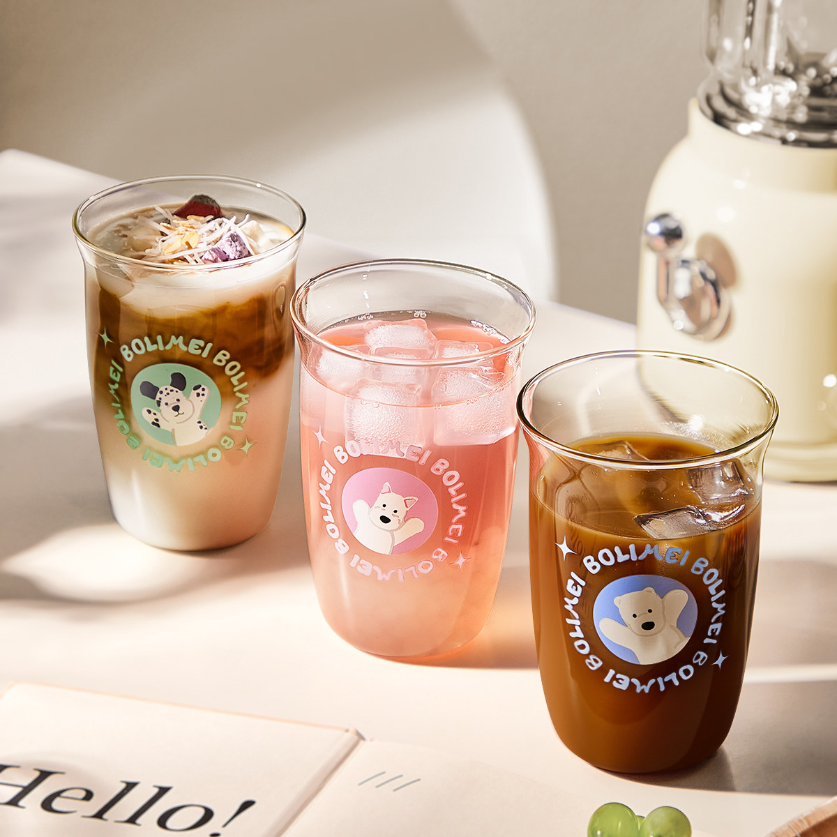 可爱小狗玻璃杯子线条简约ins风咖啡果酒冷饮果汁气泡水杯高颜值