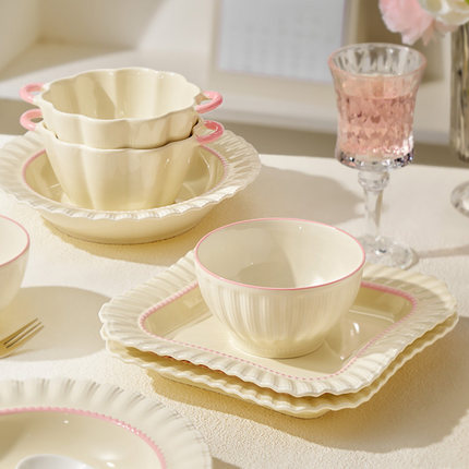 奶油风碗碟套装法式饭碗家用2025新款餐具高颜值汤碗面碗盘子碗具