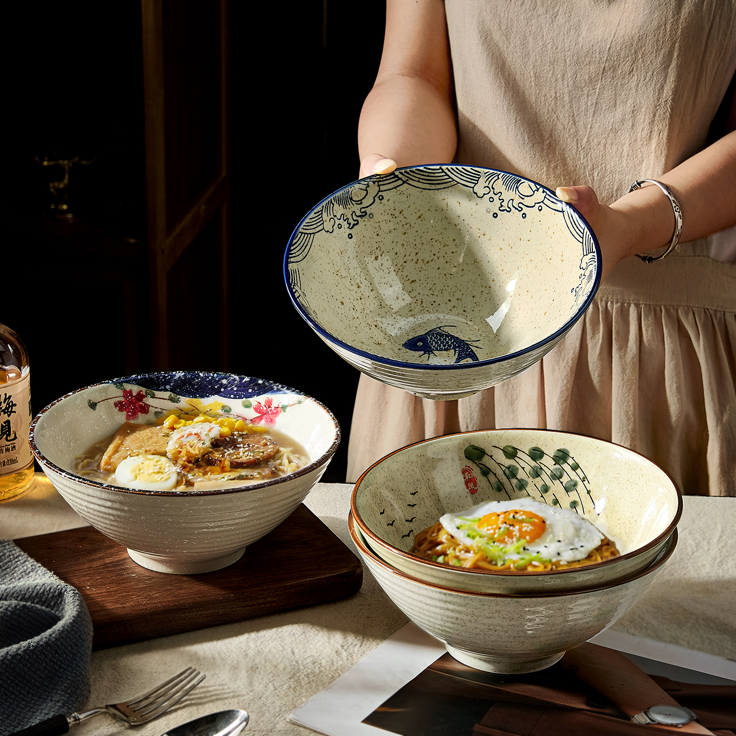日式陶瓷面碗家用2025新款斗笠拉面碗大碗釉下彩泡面碗专用汤面碗