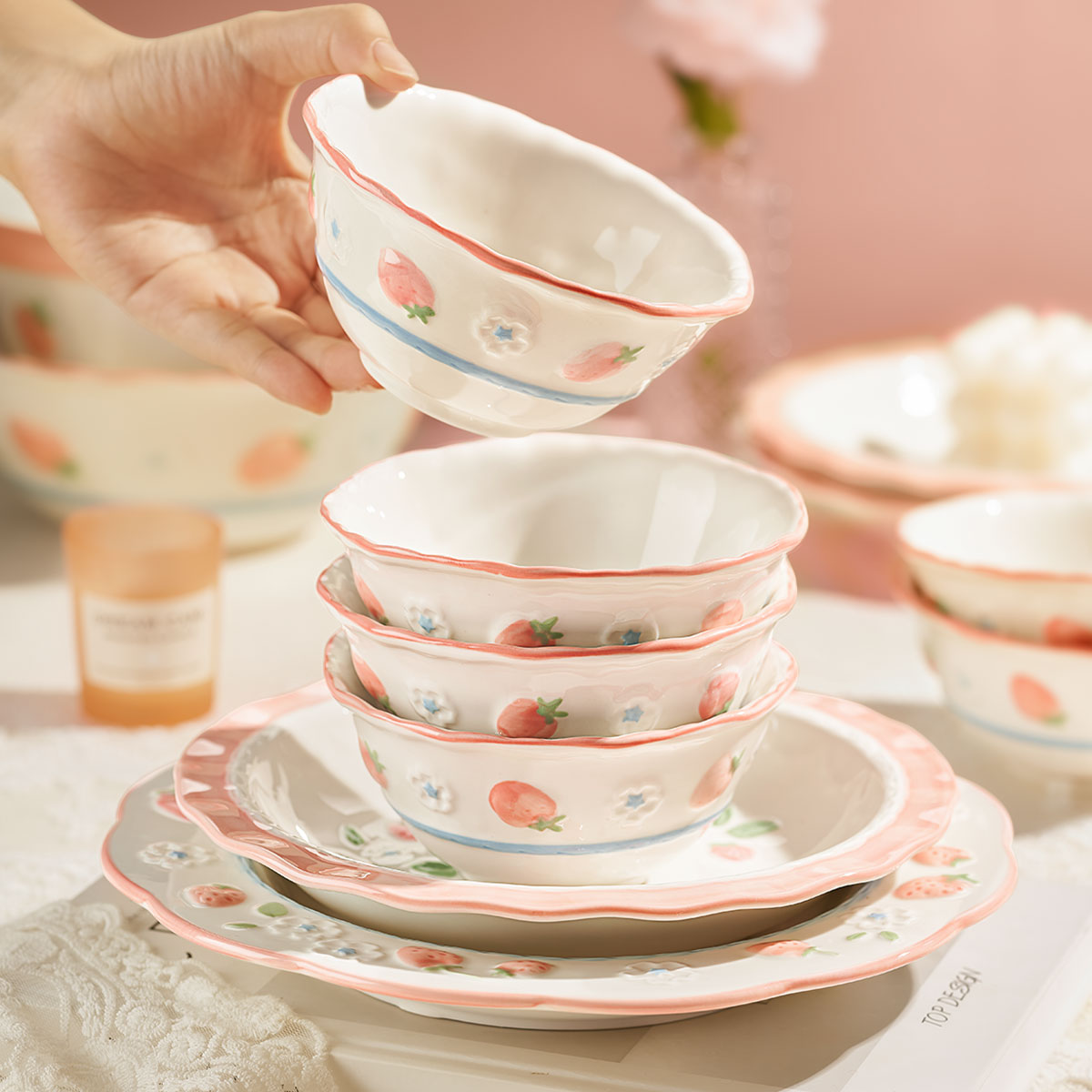 草莓釉下彩餐具陶瓷米饭碗可爱