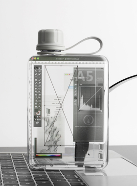 灰色设计师PS桌界面500ml耐高温tritan便携塑料原创方形透明水杯