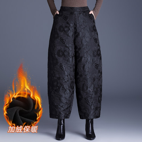 高档浮雕提花阔腿裤子女2026秋冬新款加新款加厚九分花苞裤休闲靴