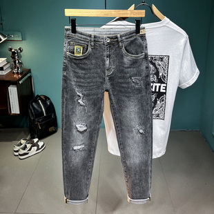 破洞潮牌修身 春夏季 小脚韩版 潮流个性 男 九分牛仔裤 青年长裤 男新款