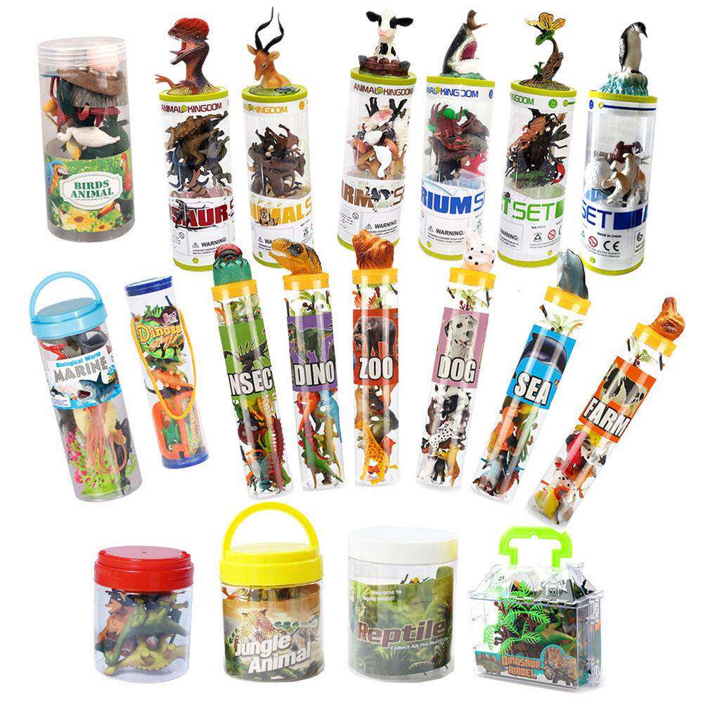 跨境桶装仿真野生动物模型海洋昆虫农场恐龙套装玩具带手柄提桶装