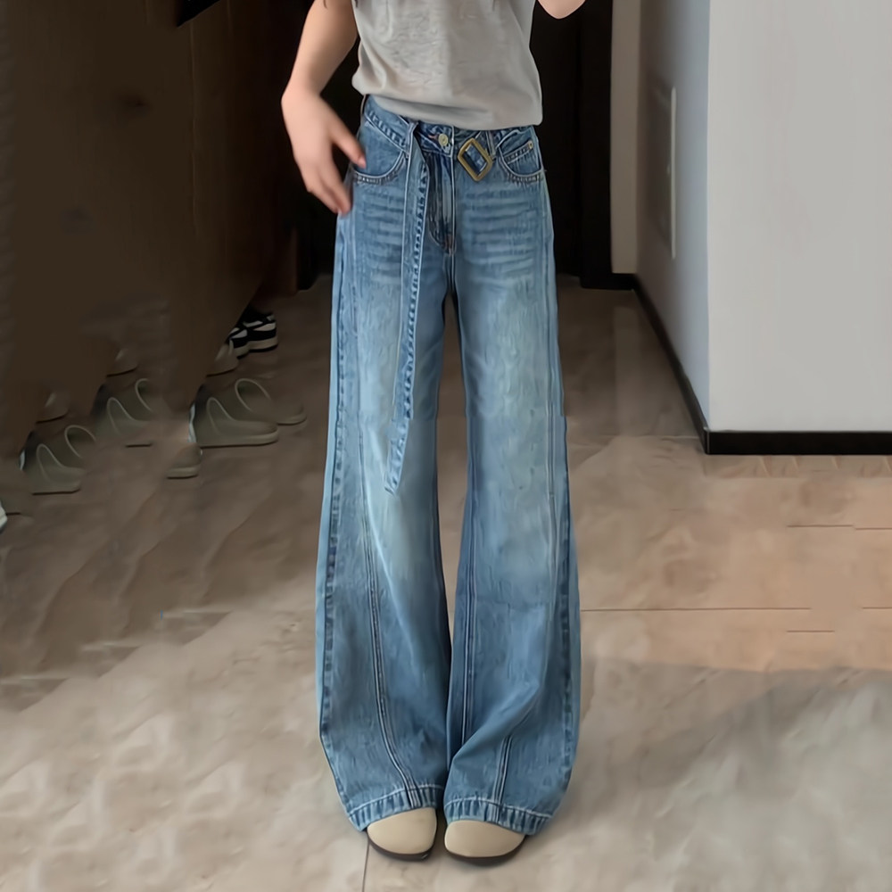 美式复古水洗微喇叭牛仔裤女夏季2025新款高腰宽松时尚直筒阔腿裤,女装/女士精品,大码裤装,淘宝优惠券,粉丝福利购,淘宝优惠卷