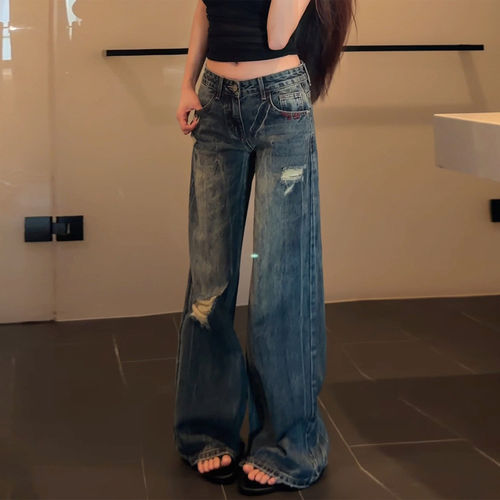 宽松高级气质直筒裤复古蓝显瘦百搭破洞阔腿牛仔裤女2026夏季新款