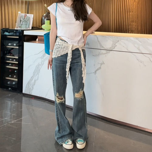 高腰显瘦直筒拖地裤辣妹风蓝色复古破洞微喇牛仔裤女2026夏季新款