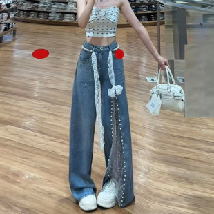 女夏薄2026设计感宽松直筒拖地裤 新款 蕾丝拼接烫钻开叉阔腿牛仔裤