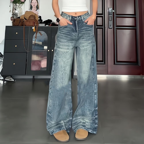 复古高腰阔腿显瘦拖地牛仔裤女