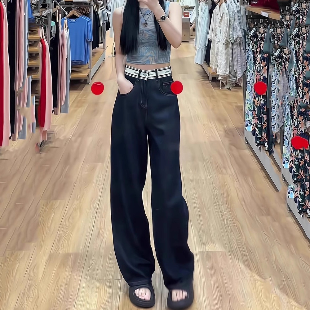 天丝窄版直筒牛仔裤女2025春秋季新款拼接字母腰头阔腿拖地长裤子,女装/女士精品,大码裤装,淘宝优惠券,粉丝福利购,淘宝优惠卷