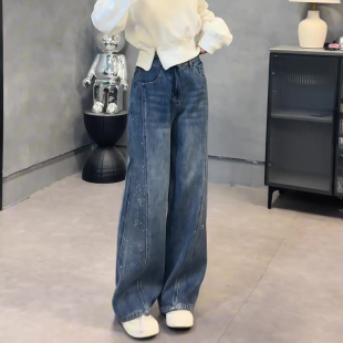 女2026设计感小众高腰显瘦垂感直筒阔腿裤 烫钻弯刀牛仔裤 新款 春季