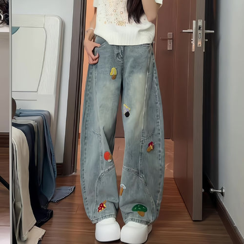 春夏女高腰显瘦卡通刺绣阔腿牛仔