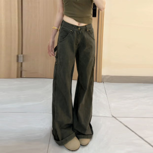 美式 设计感高街直筒阔腿裤 复古军绿色工装 女2026春夏季 牛仔裤 新款