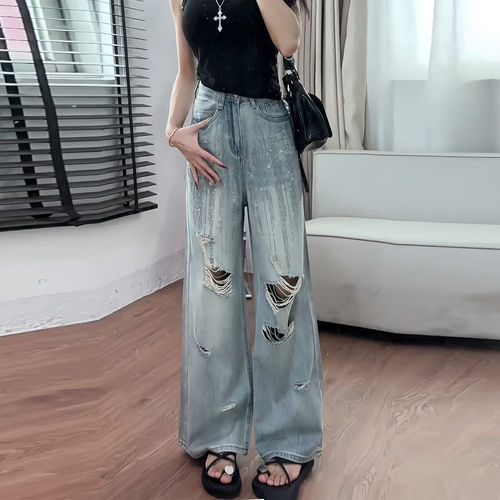 小个子复古烫钻破洞直筒牛仔裤女2026年夏季薄款宽松阔腿拖地长裤