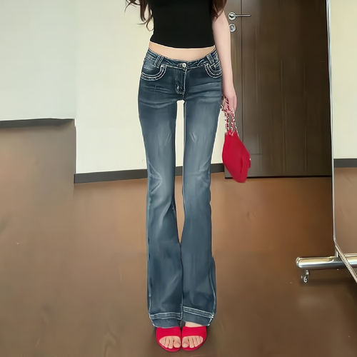 美式复古低腰微喇拖地牛仔裤显瘦