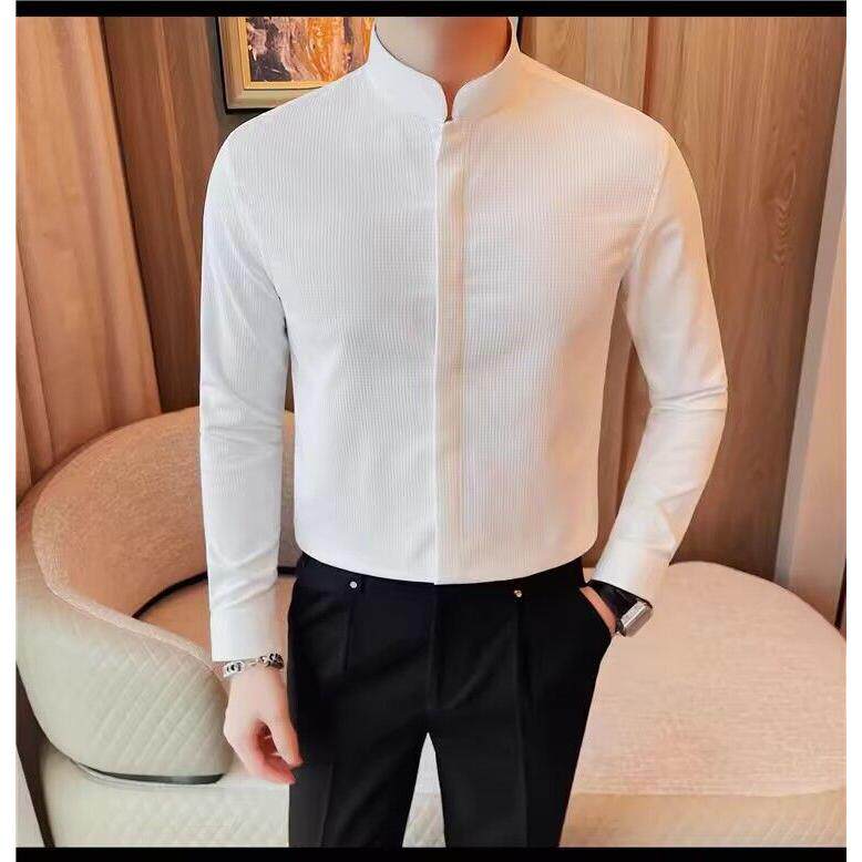 立领衬衫男士长袖2026新款新中式国风男装高级感中山装白衬衣男款