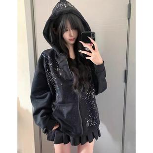 加绒薄款 卫衣女 有内抽压线撒金辅料烫钻华棉连帽拉链宽松星空开衫