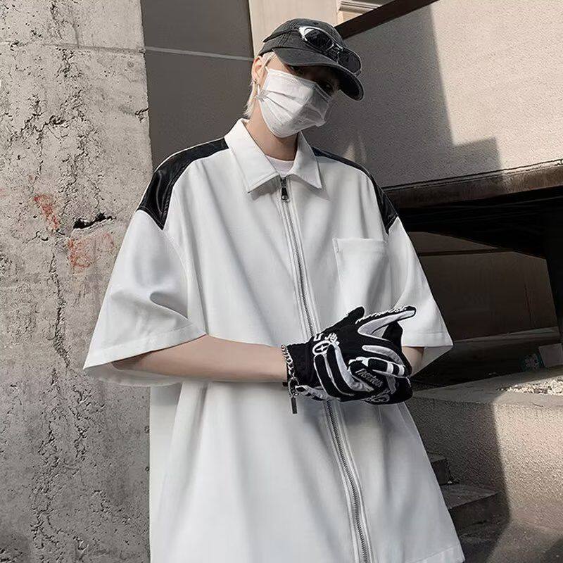 夏季新款港风外景大码拼色绣花短袖衬衫冰丝斜纹拼皮开衫休闲男士