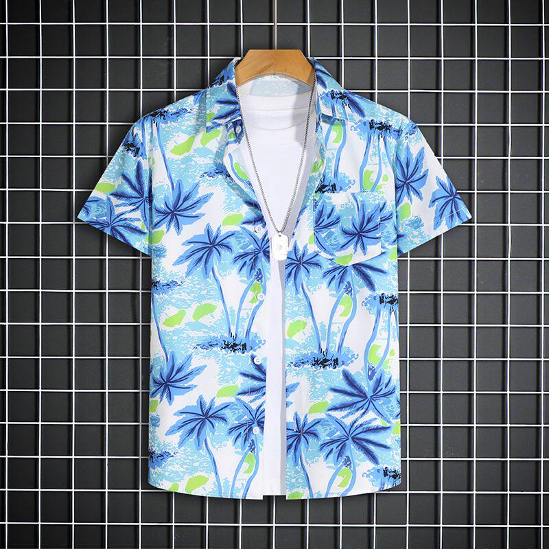 冰丝套装男速干夏季短袖衬衫宽松大码花色沙滩短裤情侣搭配两件套