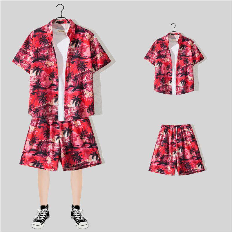 美式夏威夷印花衬衫男短袖夏季港风日系五分短裤套装男士沙滩衬衣