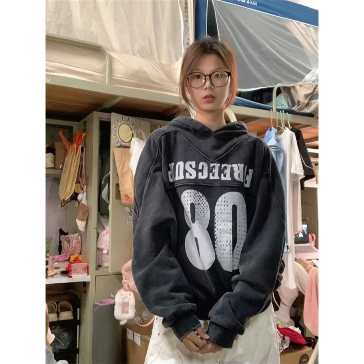 秋冬美式高街黑色潮牌字母连帽卫衣女春秋宽松甜酷百搭别致外套