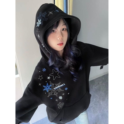 秋冬新款薄款加绒外套连帽银狐绒复合大码加厚女款黑色宽松卫衣女