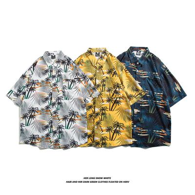 港风夏季vine碎花短袖衬衫男士chic日系夏威夷花情侣薄款翻领衬衣