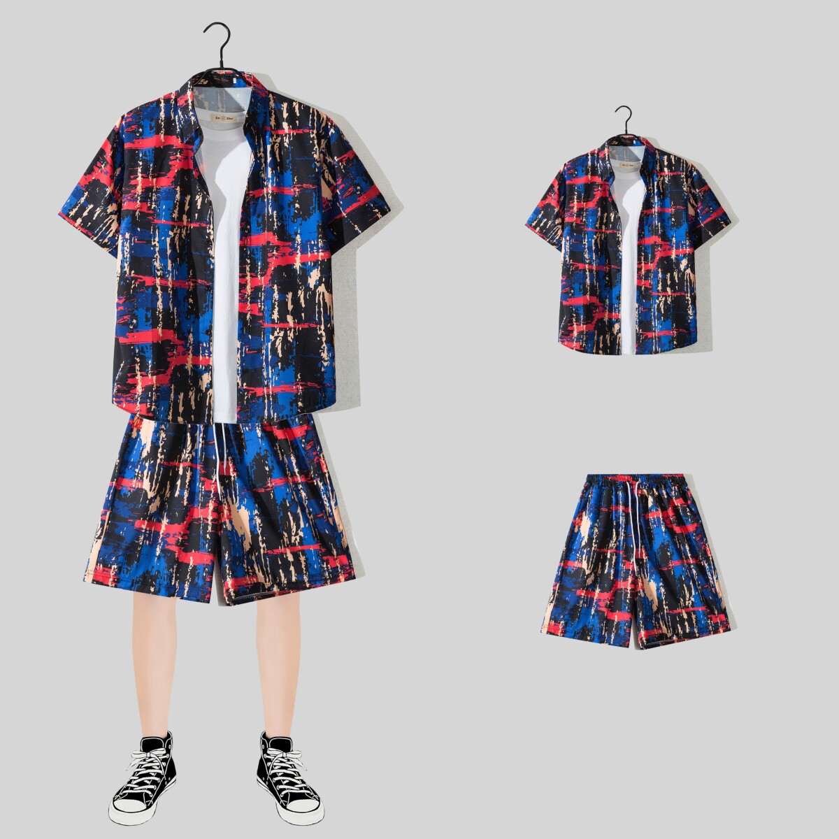 冰丝短袖花衬衫套装男夏季薄款夏威夷印花衬衫沙滩裤大裤衩套装男