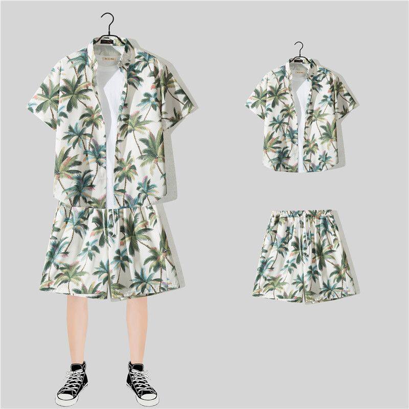 沙滩衬衫男短袖冰丝海边度假男装三亚旅行穿搭男生夏威夷情侣套装