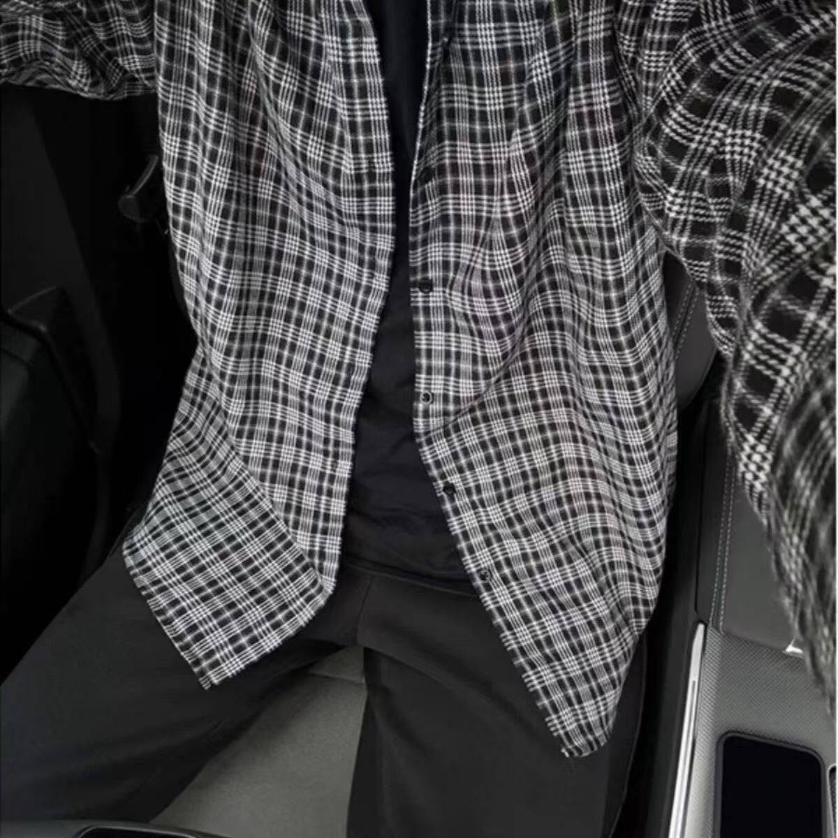 美式复古黑色格子衬衫男春夏款高街叠穿格纹外穿潮牌长袖衬衫外套