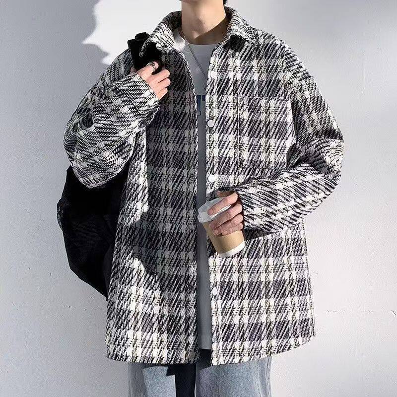 外套男秋冬款高街感小香风格子潮牌毛呢夹克套装一套搭配男装痞帅