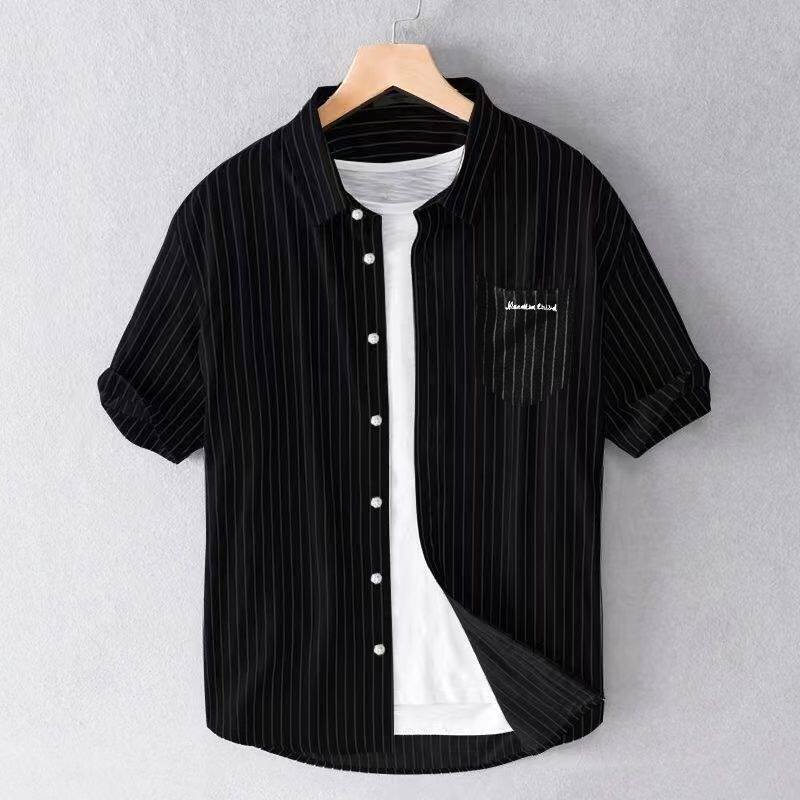 条纹衬衫男士短袖夏季薄款2026新款高级感休闲冰丝刺绣修身衬衣