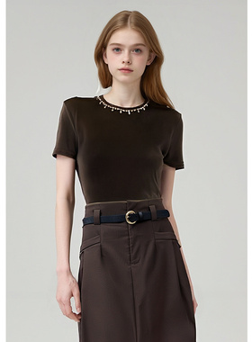 EF【商场同款】小众设计感钉珠圆领上衣2025秋冬复古百搭T恤女