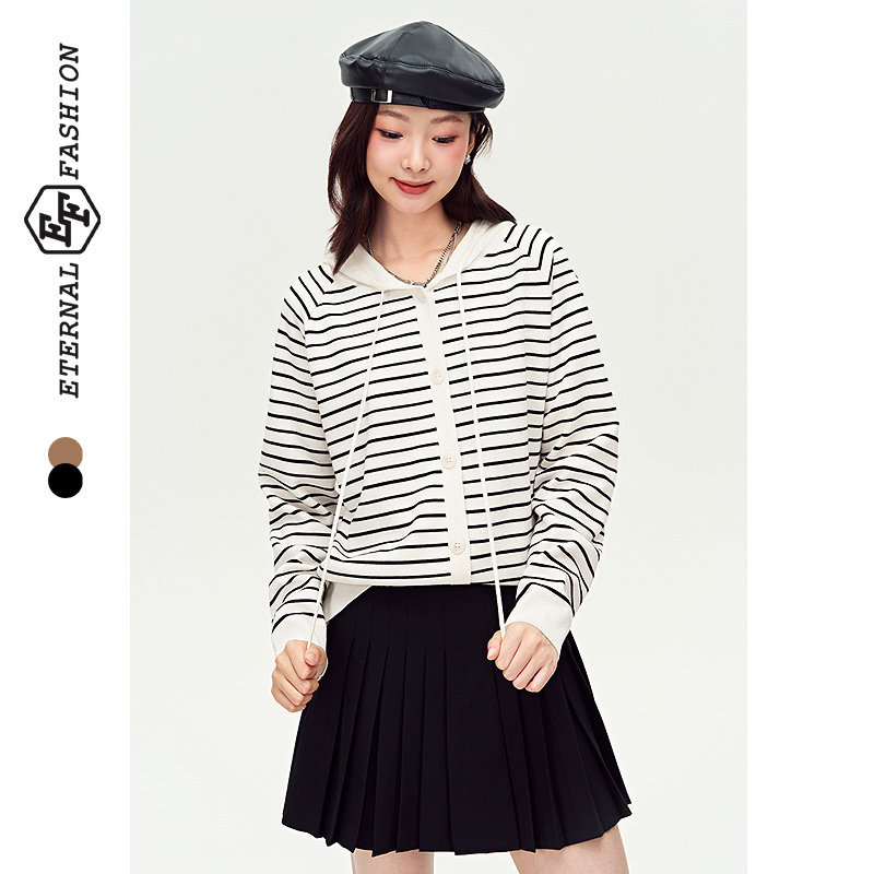 休闲连帽条纹针织开衫