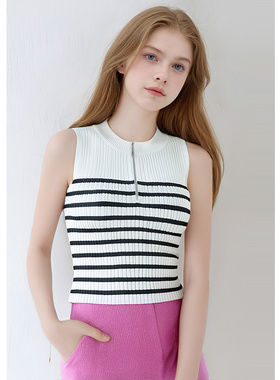 EF复古时尚无袖针织衫2025秋季新款简约拉链条纹背心上衣