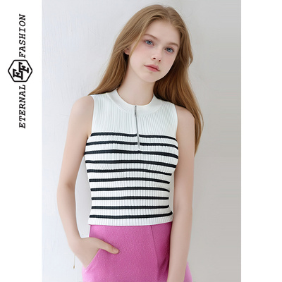 简约拉链条纹背心上衣