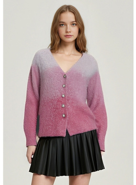 EF温柔风渐变V领针织开衫2025冬季新款纽扣设计软糯百搭毛衫