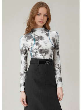 EF文艺复古风玫瑰印花打底衫2025冬季新款显瘦通勤百搭上衣