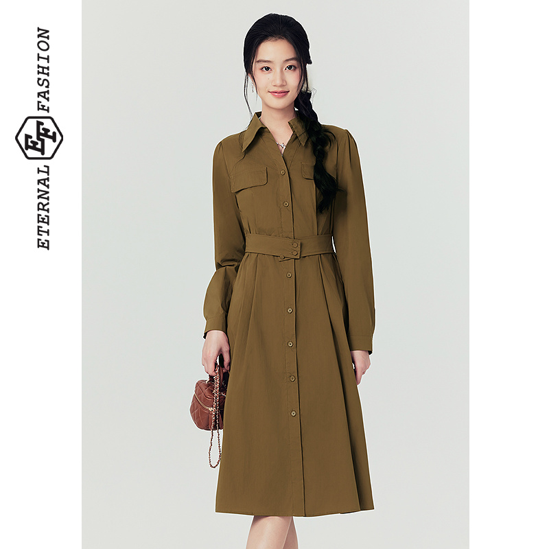 EF优雅休闲通勤百搭气质衬衫连衣裙女秋冬新款时尚收腰裙子秋