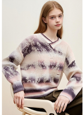 EF复古艺术扎染渐变V领毛衣2025冬季新款宽松慵懒长袖针织衫