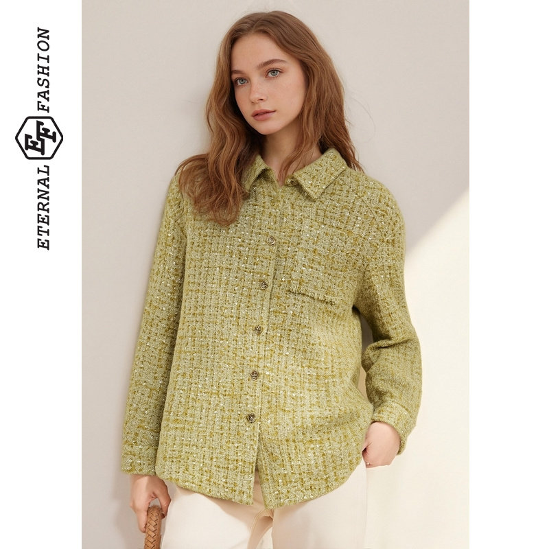 EF温柔风粗花呢小香风外套2025冬季新款翻领口袋毛边通勤格纹上衣
