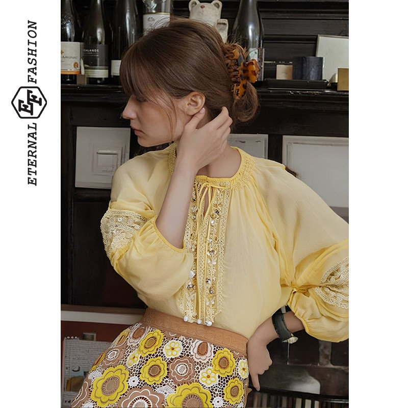 EF优雅时尚温柔风宽松简约小衫夏季新款灯笼袖通勤上衣